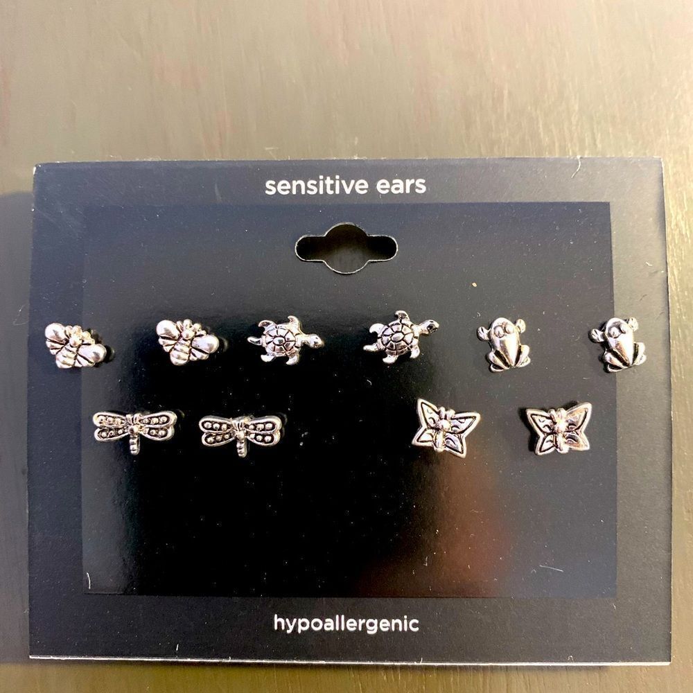 Hypoallergenic silver studs bee turtle butterfly frog dragonfly